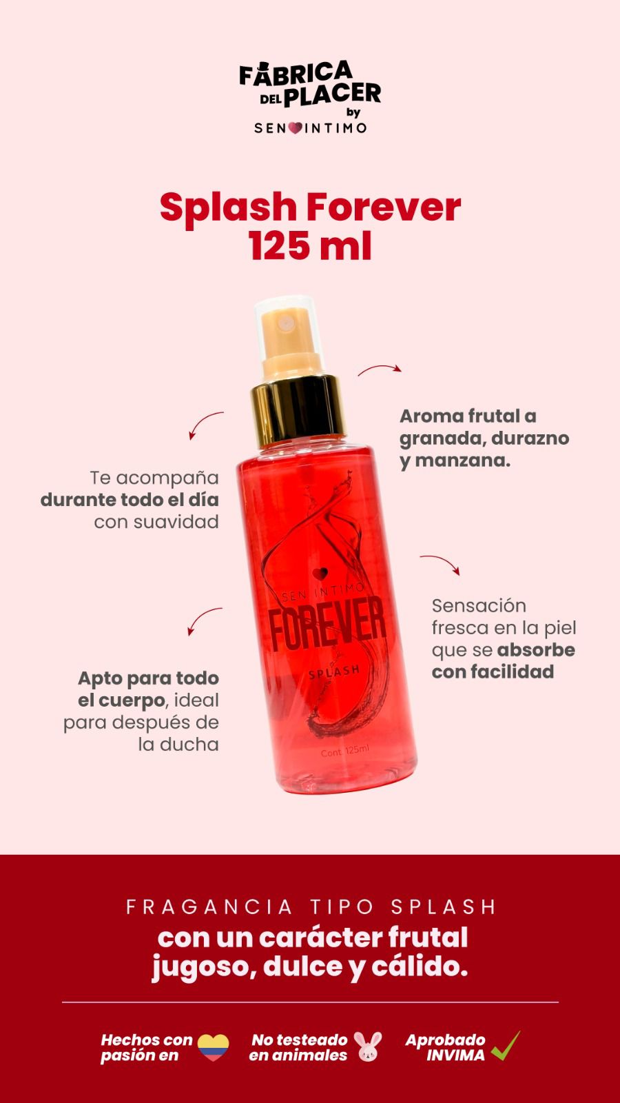 Splash con Pheromonas Forever con notas de durazno, manzana y granada 125ml